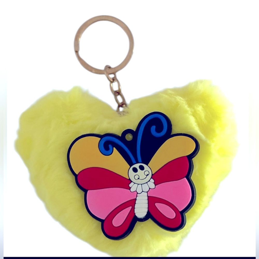 FUZZY YELLOW HEART BUTTERFLY KEYCHAIN